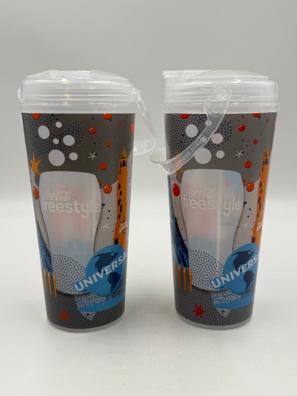 Set of 2 Universal Studios Orlando FL Coca-Cola Freestyle Tumbler Cups w/ Lids